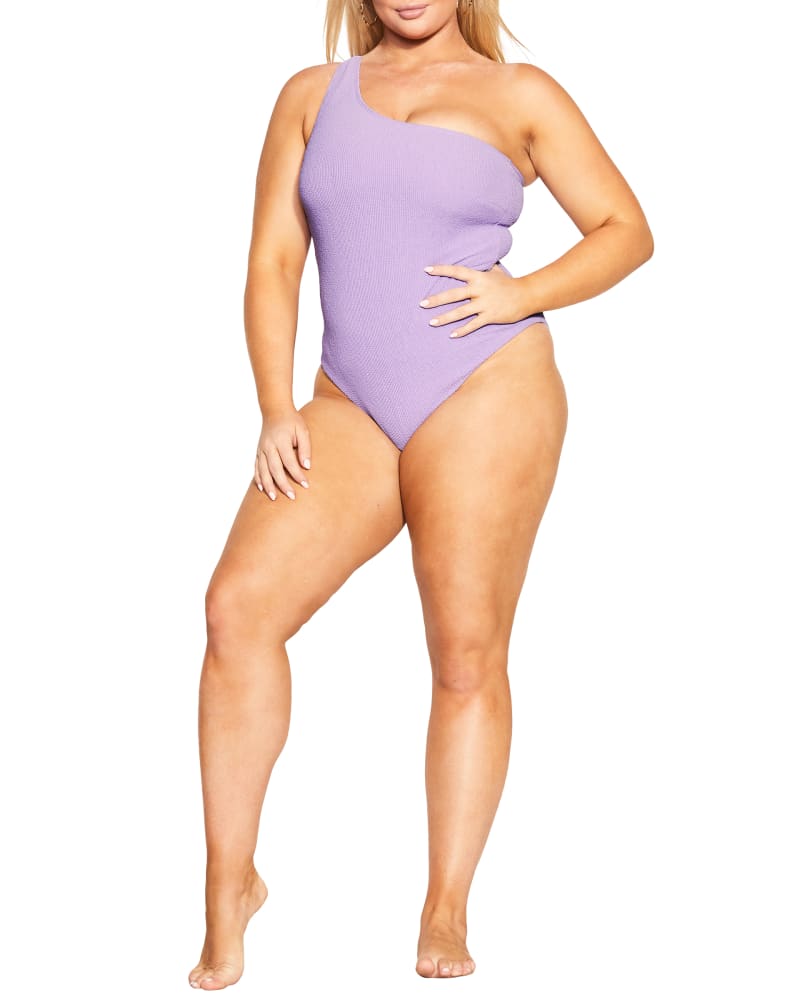 Front of a model wearing a size XS Izzy One Shoulder One Piece Swimsuit in Violet by City Chic. | dia_product_style_image_id:271671